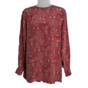 Vintage First Issue‎ Long Sleeve Print Blouse Button Up Back Size 6 Red